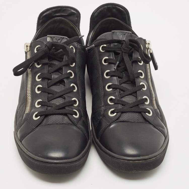 Pre Owned Louis Vuitton Black Leather and Damier Ebene Canvas Low Top Sneakers Size 42.5