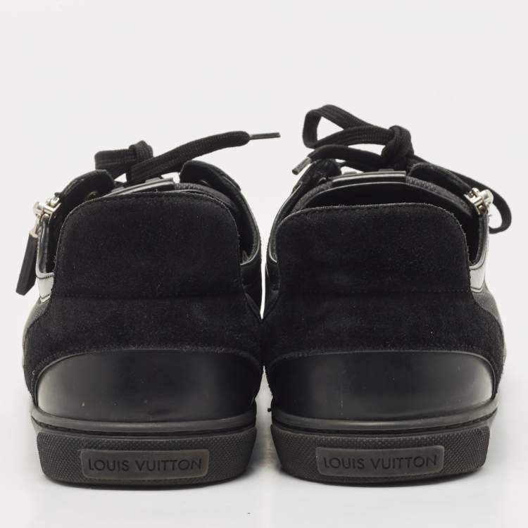 Pre Owned Louis Vuitton Black Leather and Damier Ebene Canvas Low Top Sneakers Size 42.5