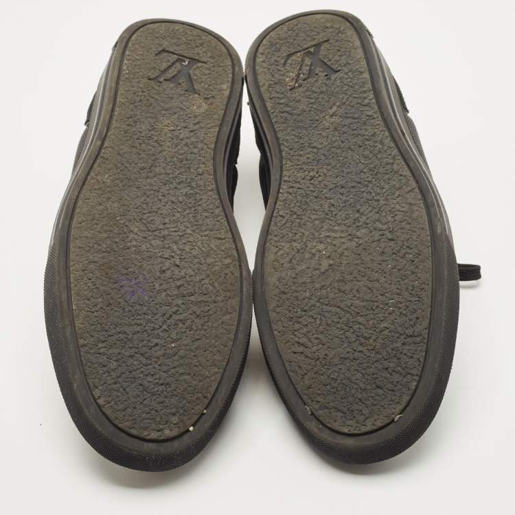 Pre Owned Louis Vuitton Black Leather and Damier Ebene Canvas Low Top Sneakers Size 42.5