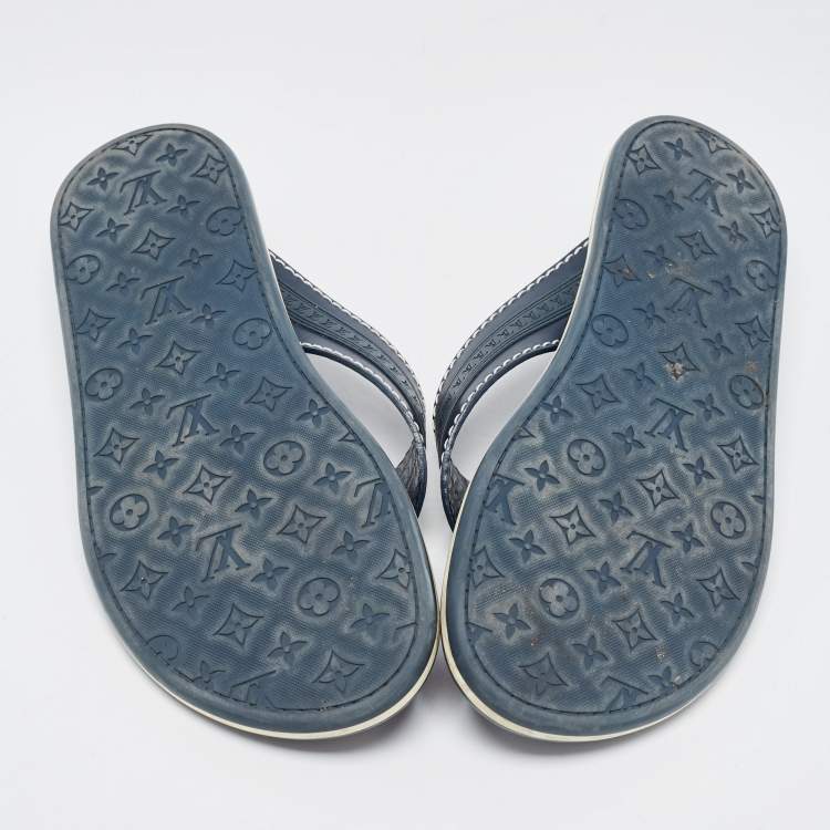 Pre Owned Louis Vuitton Navy Blue Leather and Logo Embossed Rubber Thong Flats Size 45