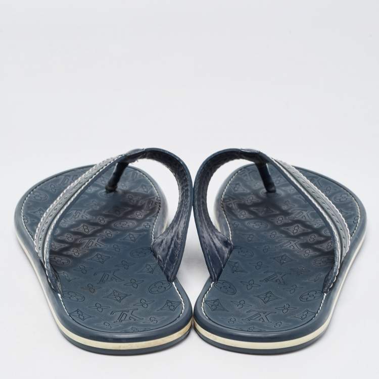 Pre Owned Louis Vuitton Navy Blue Leather and Logo Embossed Rubber Thong Flats Size 45