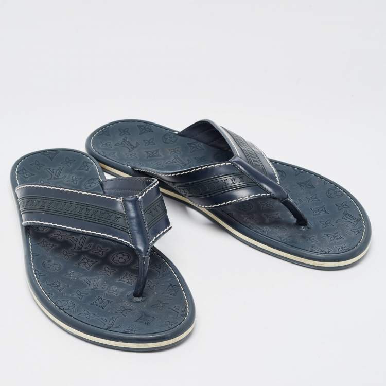 Pre Owned Louis Vuitton Navy Blue Leather and Logo Embossed Rubber Thong Flats Size 45