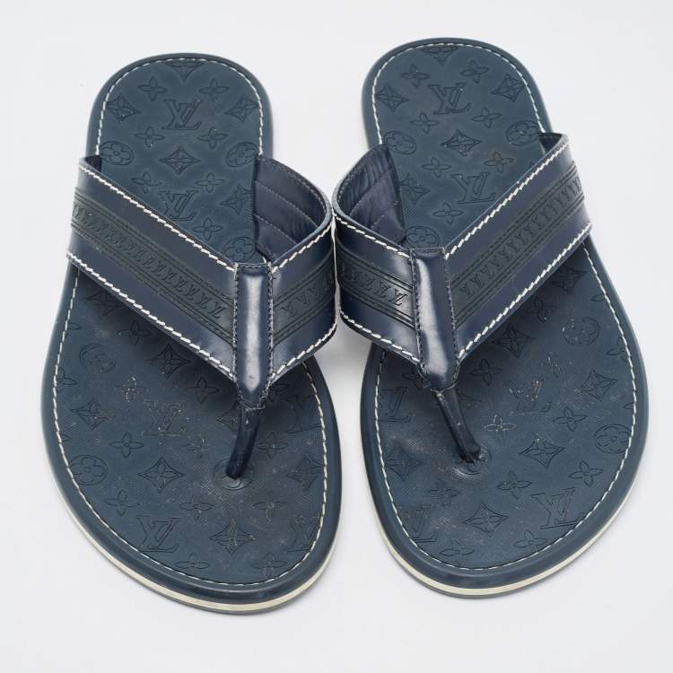 Pre Owned Louis Vuitton Navy Blue Leather and Logo Embossed Rubber Thong Flats Size 45