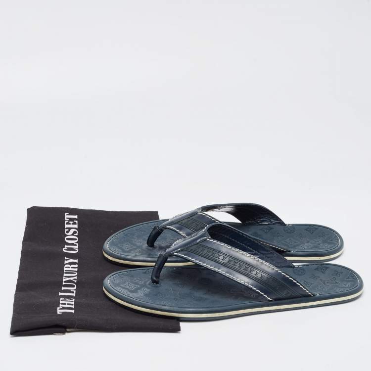 Pre Owned Louis Vuitton Navy Blue Leather and Logo Embossed Rubber Thong Flats Size 45