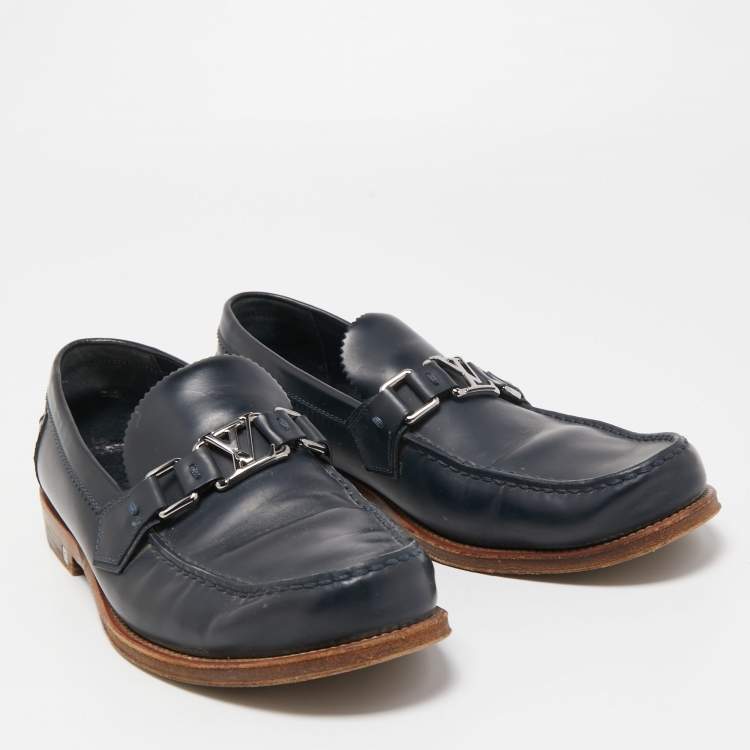 Pre Owned Louis Vuitton Navy Blue Leather Hockenheim Loafers Size 40