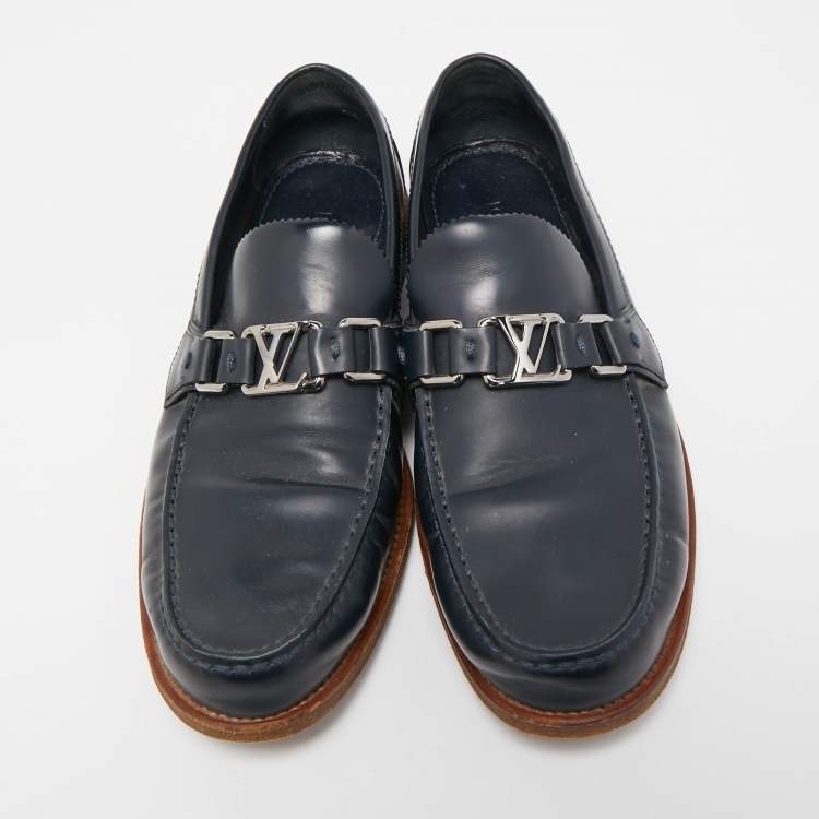Pre Owned Louis Vuitton Navy Blue Leather Hockenheim Loafers Size 40