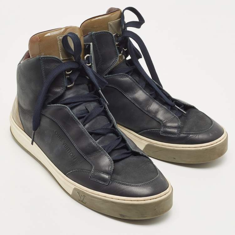Pre Owned Louis Vuitton Two Tone Leather and Damier Patent High Top Sneakers Size 41.5