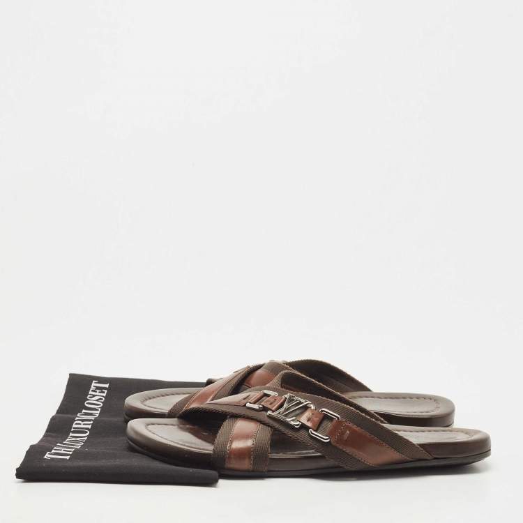 Pre Owned Louis Vuitton Brown Leather and Canvas Criss Cross Slides Size 42