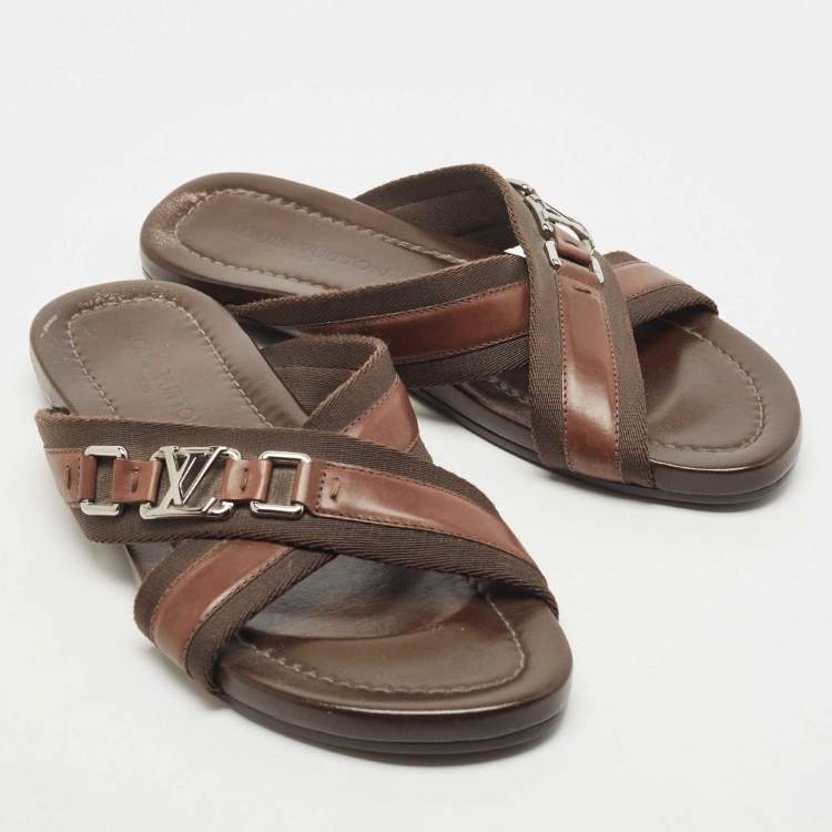 Pre Owned Louis Vuitton Brown Leather and Canvas Criss Cross Slides Size 42