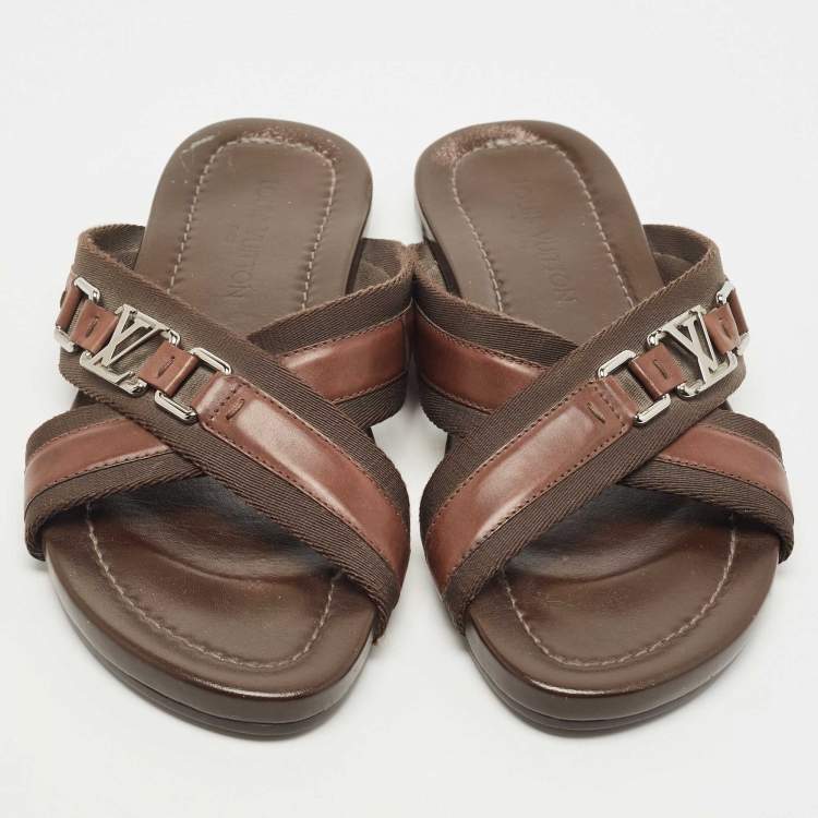 Pre Owned Louis Vuitton Brown Leather and Canvas Criss Cross Slides Size 42