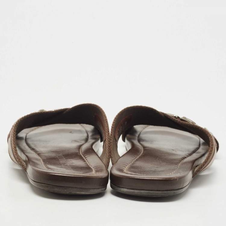 Pre Owned Louis Vuitton Brown Leather and Canvas Criss Cross Slides Size 42