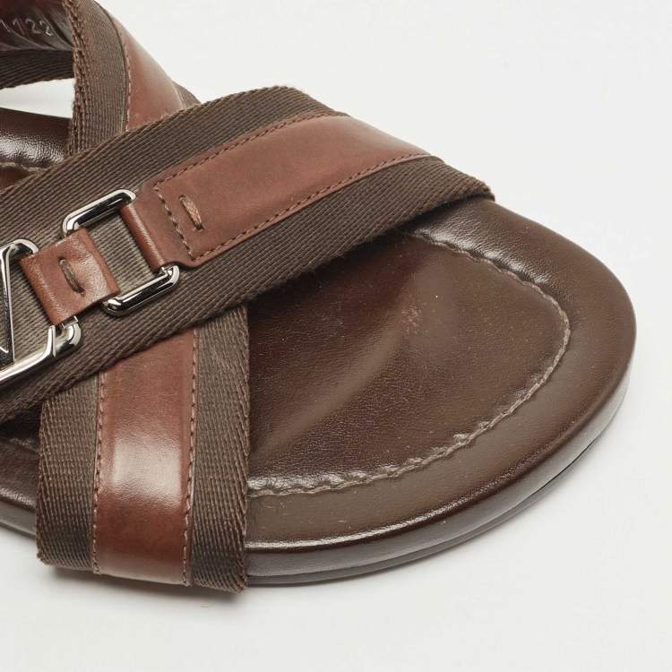 Pre Owned Louis Vuitton Brown Leather and Canvas Criss Cross Slides Size 42