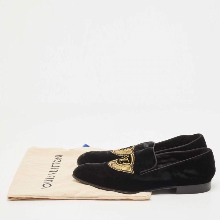 Pre Owned Louis Vuitton Black Velvet Auteuil Logo Smoking Slippers Size 43