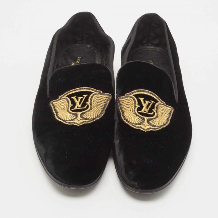 Pre Owned Louis Vuitton Black Velvet Auteuil Logo Smoking Slippers Size 43