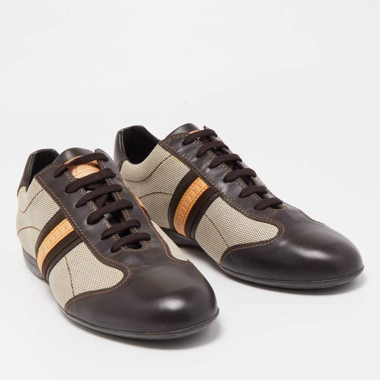 Pre Owned Louis Vuitton Brown/Beige Leather And Canvas Low Top Sneakers Size 45