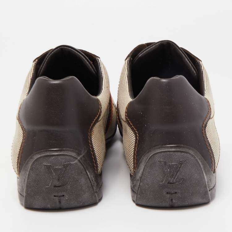 Pre Owned Louis Vuitton Brown/Beige Leather And Canvas Low Top Sneakers Size 45