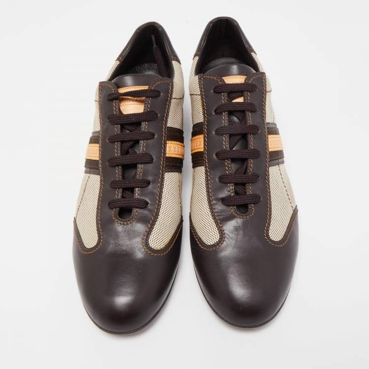Pre Owned Louis Vuitton Brown/Beige Leather And Canvas Low Top Sneakers Size 45