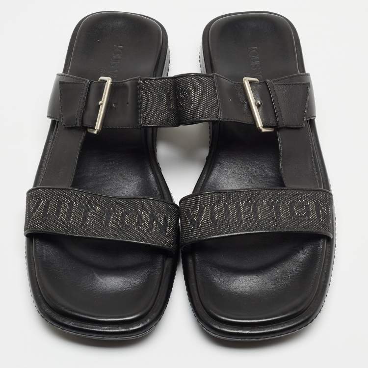 Pre Owned Louis Vuitton Black Leather and Logo Canvas Slide Sandals Size 44.5 