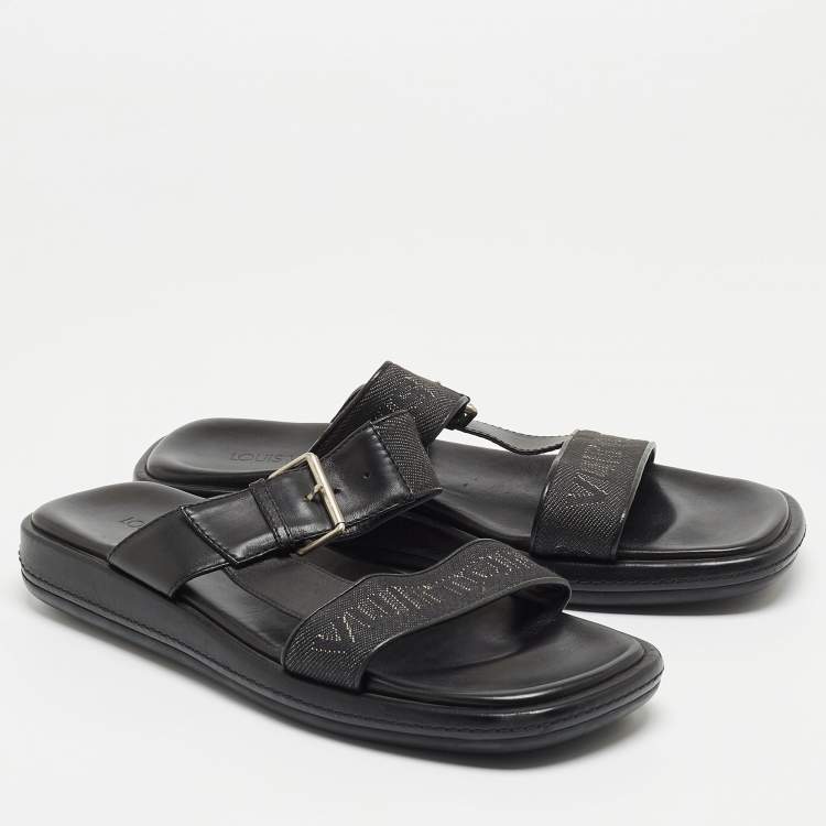 Pre Owned Louis Vuitton Black Leather and Logo Canvas Slide Sandals Size 44.5 