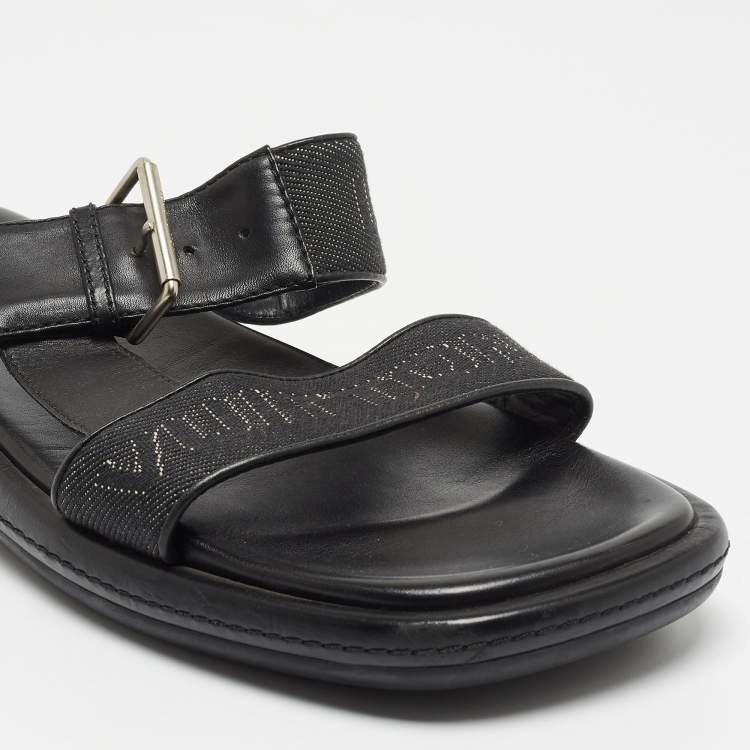 Pre Owned Louis Vuitton Black Leather and Logo Canvas Slide Sandals Size 44.5 