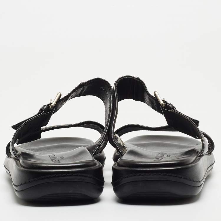 Pre Owned Louis Vuitton Black Leather and Logo Canvas Slide Sandals Size 44.5 