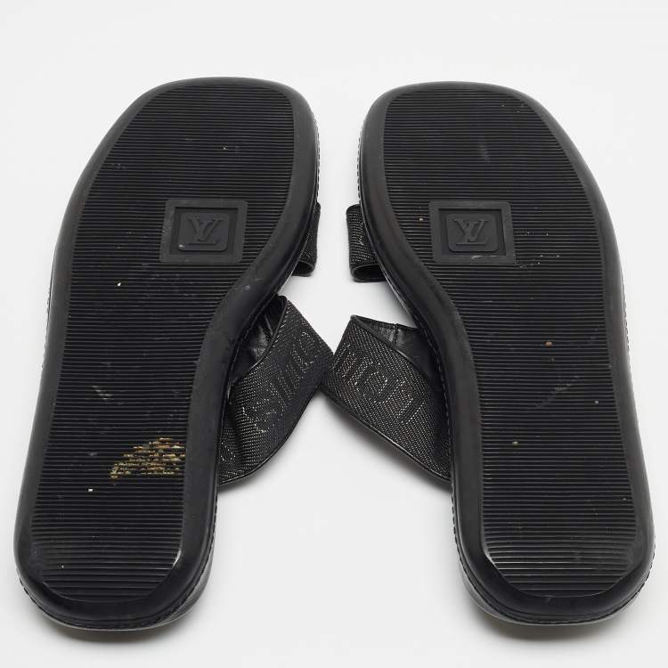 Pre Owned Louis Vuitton Black Leather and Logo Canvas Slide Sandals Size 44.5 