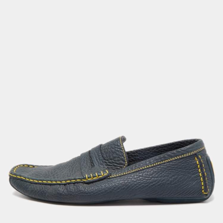 Pre Owned Louis Vuitton Blue Leather Slip On Loafers Size 45