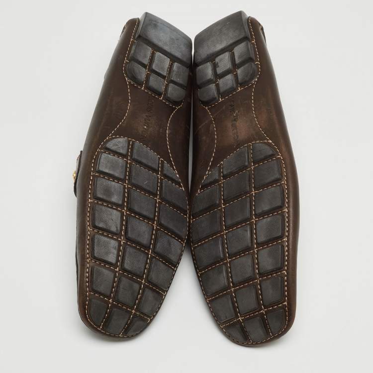 Pre Owned Louis Vuitton Brown Leather Monte Carlo Logo Slip On Loafers Size 44.5