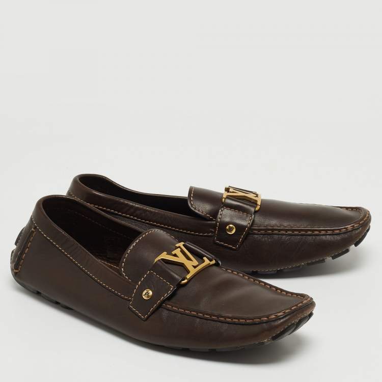Pre Owned Louis Vuitton Brown Leather Monte Carlo Logo Slip On Loafers Size 44.5