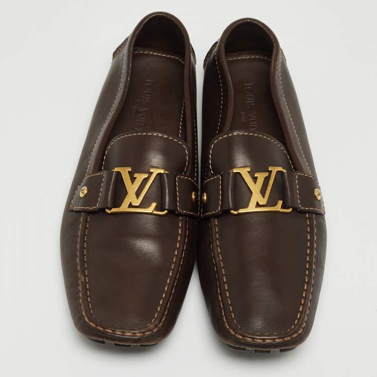Pre Owned Louis Vuitton Brown Leather Monte Carlo Logo Slip On Loafers Size 44.5