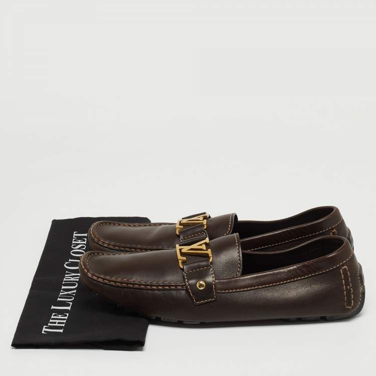 Pre Owned Louis Vuitton Brown Leather Monte Carlo Logo Slip On Loafers Size 44.5