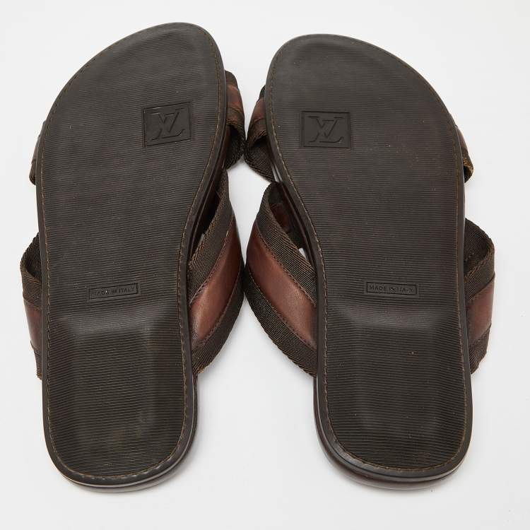Pre Owned Louis Vuitton Brown Leather and Canvas Criss Cross Flat Slides Size 43 