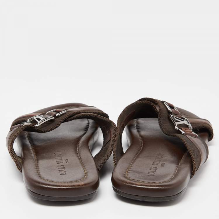 Pre Owned Louis Vuitton Brown Leather and Canvas Criss Cross Flat Slides Size 43 