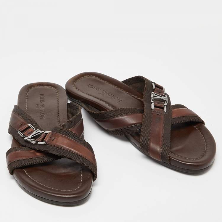 Pre Owned Louis Vuitton Brown Leather and Canvas Criss Cross Flat Slides Size 43 