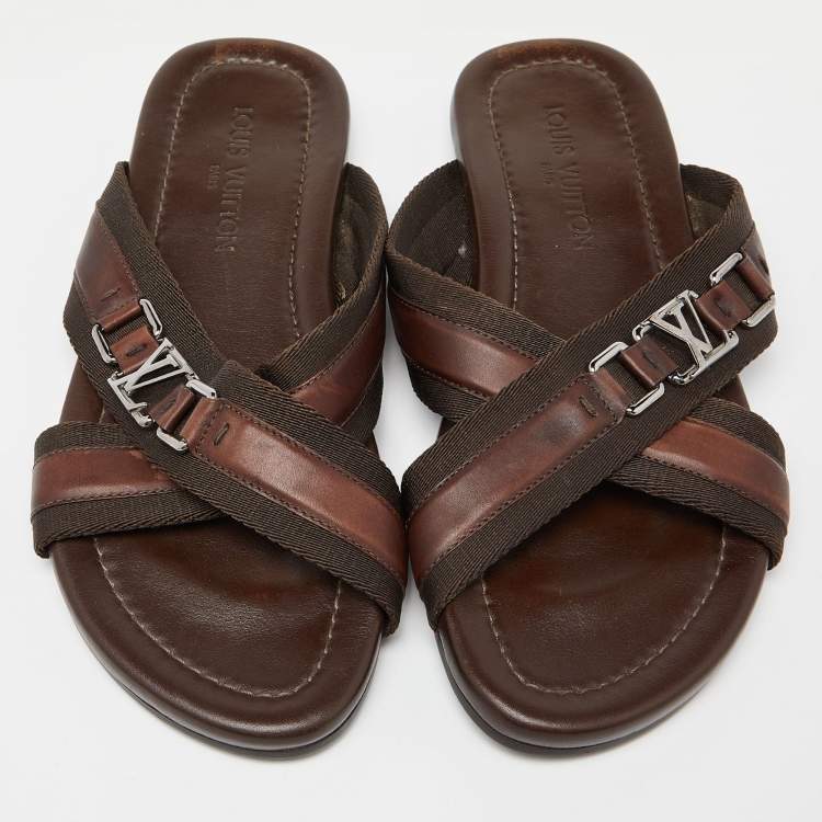 Pre Owned Louis Vuitton Brown Leather and Canvas Criss Cross Flat Slides Size 43 
