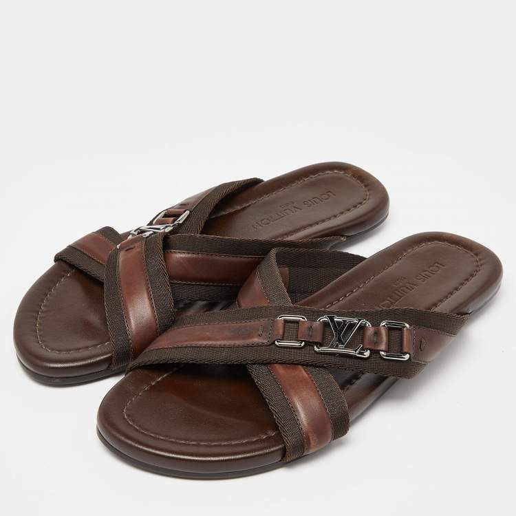 Louis Vuitton Brown Leather and Canvas Criss Cross Flat Slides Size 43