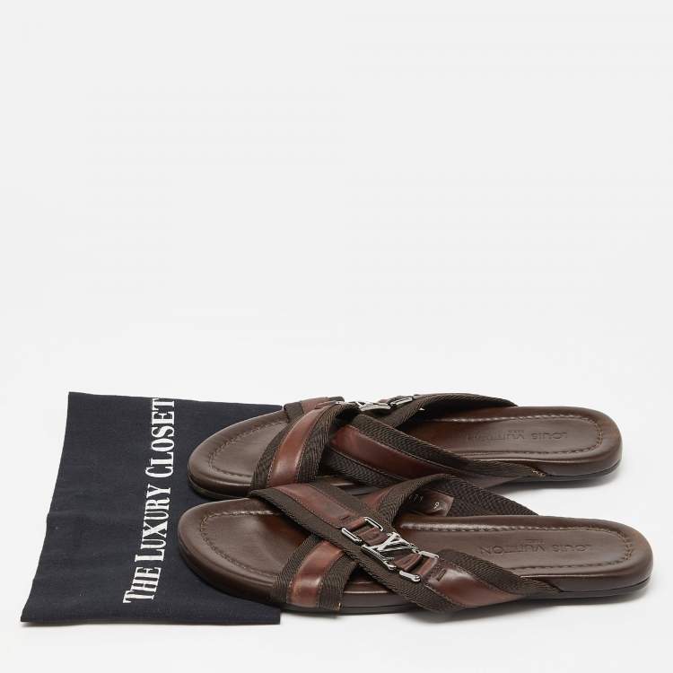 Pre Owned Louis Vuitton Brown Leather and Canvas Criss Cross Flat Slides Size 43 