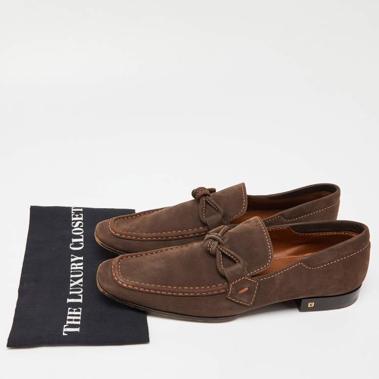 Pre Owned Louis Vuitton Brown Nubuck Leather Logo Bow Slip On Loafers Size 44