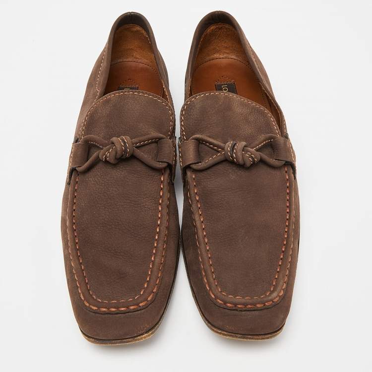Pre Owned Louis Vuitton Brown Nubuck Leather Logo Bow Slip On Loafers Size 44
