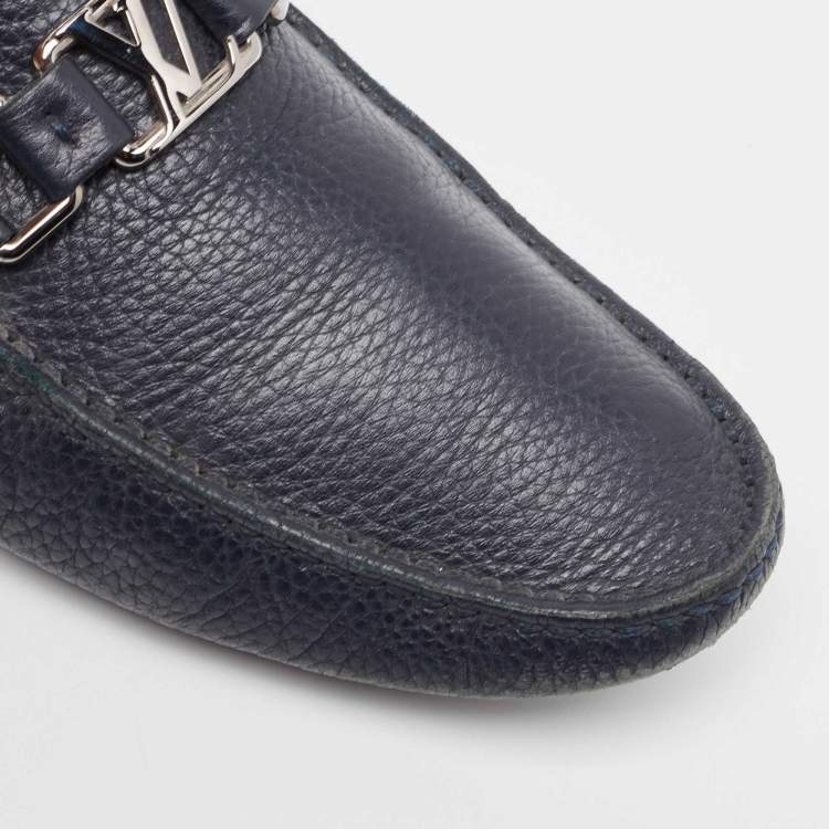 Pre Owned Louis Vuitton Navy Blue Leather Hockenheim Loafers Size 42