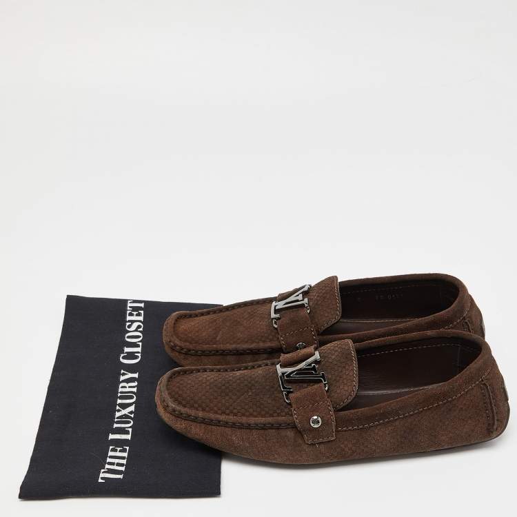 Pre Owned Louis Vuitton Brown Suede Monte Carlo Slip On Loafers Size 42
