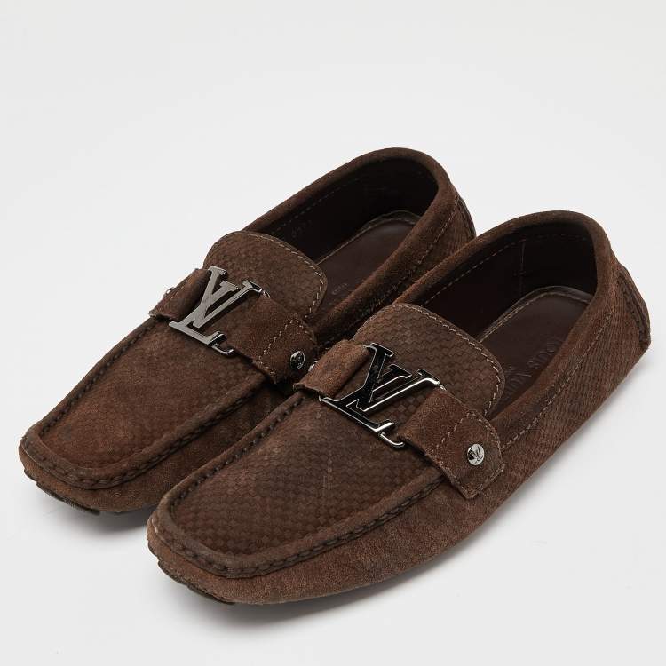 Pre Owned Louis Vuitton Brown Suede Monte Carlo Slip On Loafers Size 42