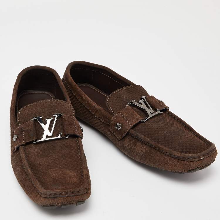 Pre Owned Louis Vuitton Brown Suede Monte Carlo Slip On Loafers Size 42