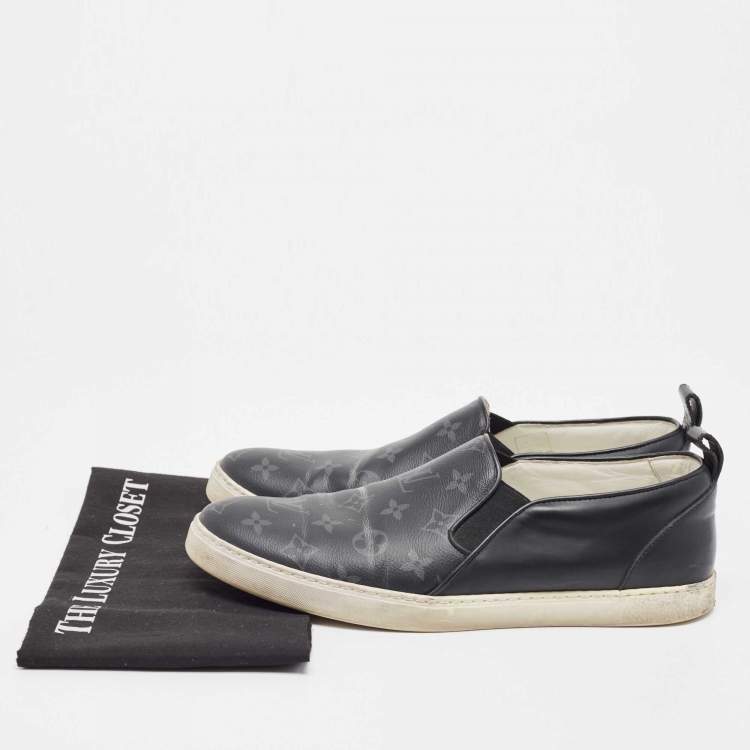 Pre Owned Louis Vuitton Black/Grey Monogram Canvas and Leather Slip On Sneakers Size 42.5