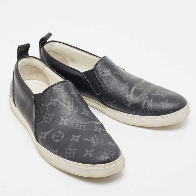 Pre Owned Louis Vuitton Black/Grey Monogram Canvas and Leather Slip On Sneakers Size 42.5