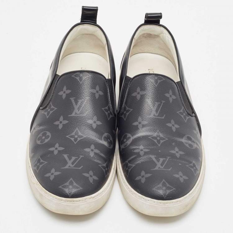 Pre Owned Louis Vuitton Black/Grey Monogram Canvas and Leather Slip On Sneakers Size 42.5
