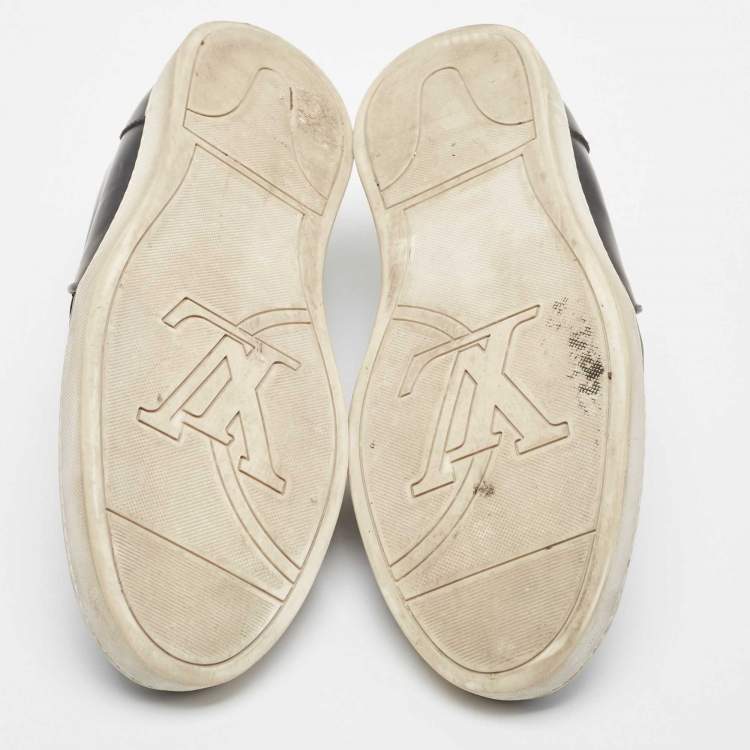 Pre Owned Louis Vuitton Black/Grey Monogram Canvas and Leather Slip On Sneakers Size 42.5