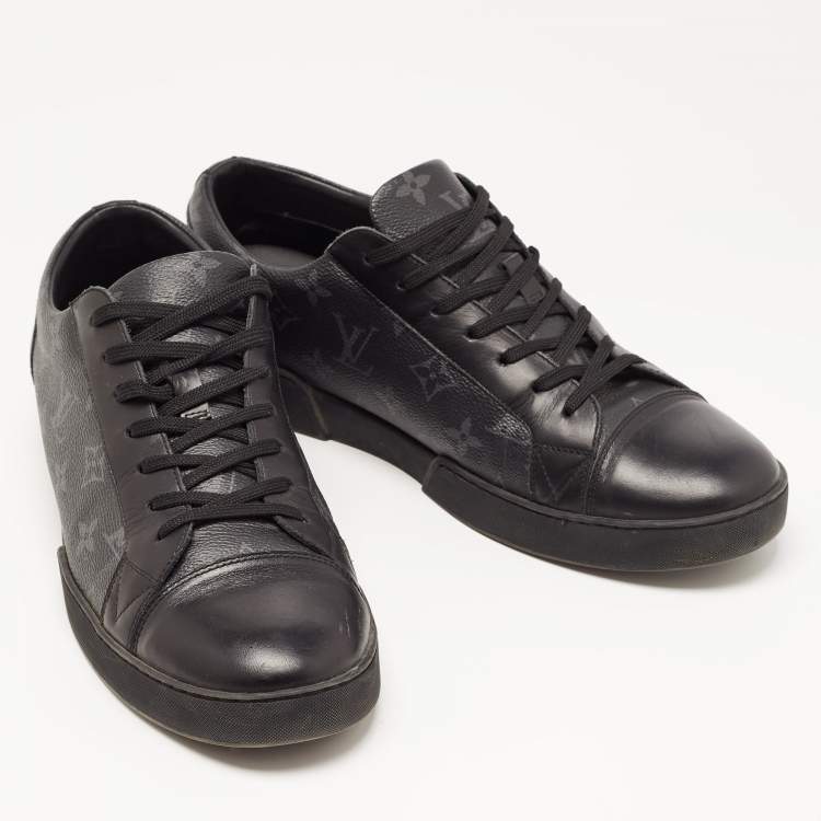 Pre Owned Louis Vuitton Black/Grey Leather and Monogram Coated Canvas Match Up Sneakers Size 42.5