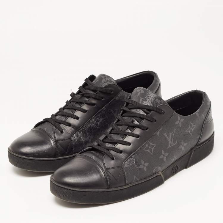 Pre Owned Louis Vuitton Black/Grey Leather and Monogram Coated Canvas Match Up Sneakers Size 42.5