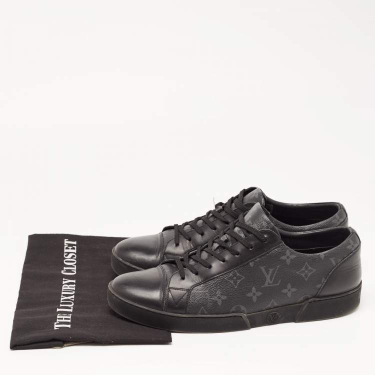 Pre Owned Louis Vuitton Black/Grey Leather and Monogram Coated Canvas Match Up Sneakers Size 42.5